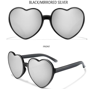 Front and 45-degree angle view of heart-shaped sunglasses with silver mirrored lenses