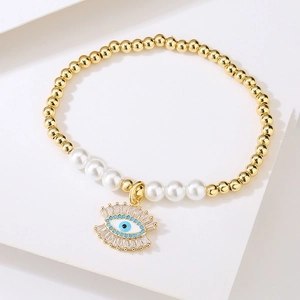 18K gold plated beaded bracelet with evil eye pendant and white pearls for women