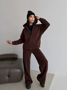 Women's dark brown hooded tracksuit set featuring zip-up jacket and wide-leg sweatpants