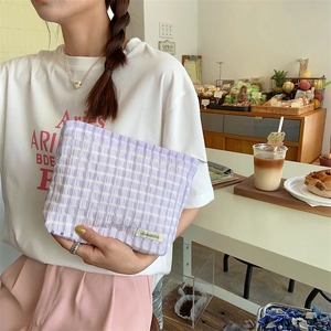 Chic purple gingham seersucker cosmetic bag for portable makeup and stationery storage