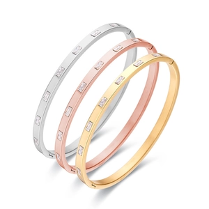 Stainless Steel Bangle Elegant Rectangle Zircon Inlaid Minimalist Luxury Hinge Bracelet For Women Jewelry Accessory
