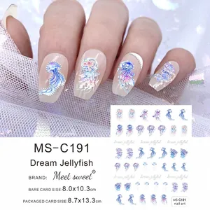 Macro shot of 3D jellyfish nail art decals with iridescent purple and blue gradients