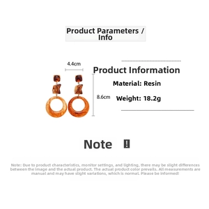 Detailed view of amber resin earrings showing geometric square and ring dimensions