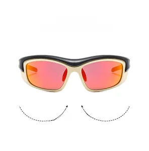 Front view of Y2K sports sunglasses with red-orange mirrored lenses and cream-black frames