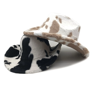 Cappello da cowboy occidentale in peluche con stampa mucca da donna nero e marrone