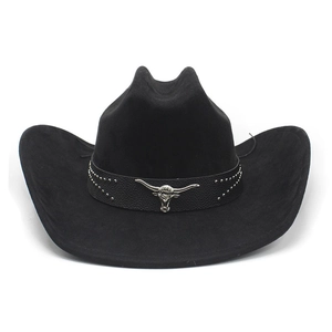Detailed close-up of a black faux suede cowboy hat with metal bull head emblem and studs