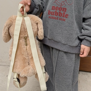 Cute brown plush dog backpack for toddlers featuring adjustable straps and zipper closure