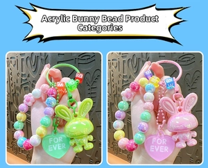 Detail of acrylic rabbit charm bracelets with colorful beads and For Ever heart tags
