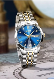 Macro view of blue sunray dial with golden hands and diamond markers on SKMEI watch