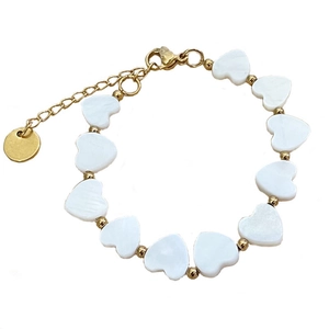 Elegant gold heart bracelet featuring iridescent white shell charms and small beads