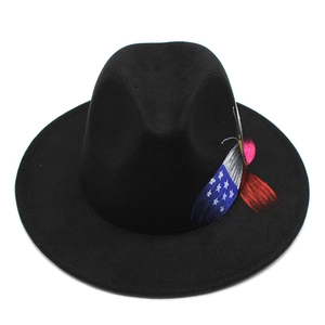 Close-up of hand-painted American flag butterfly motif on black felt fedora hat