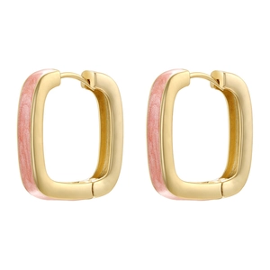 Minimalist square hoop earrings with pink enamel finish and golden metal base