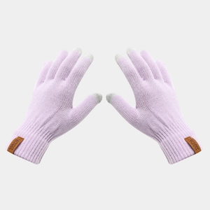 Close-up of lavender knit gloves with touchscreen-compatible gray fingertips and leather label