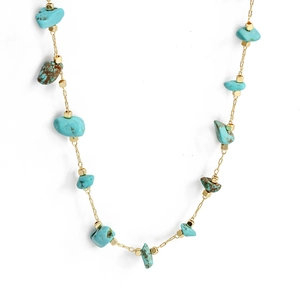 Bohemian turquoise stone necklace with gold-plated metal beads on a delicate chain