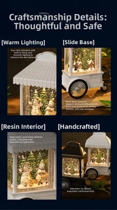 Detailed view of musical LED Christmas snowball cart with snowman and resin decor