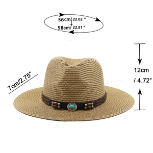 Classic straw Panama fedora hat with turquoise bead band and measurement specifications