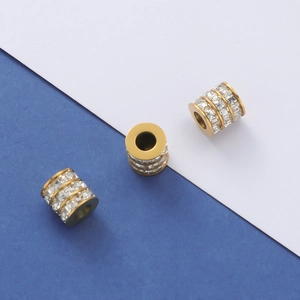 Three gold cylindrical spacer beads with cubic zirconia for DIY jewelry making