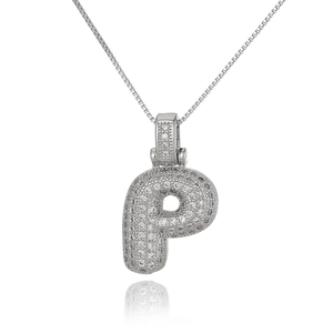 Detail view of silver P-letter pendant with sparkling zircon on high-quality box chain