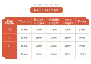 Detailed size chart for handmade press-on nails showing XS to L measurements in mm