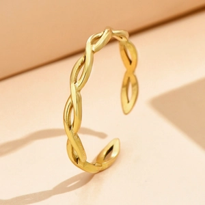 Minimalist gold-plated stainless steel braided ring with adjustable open design