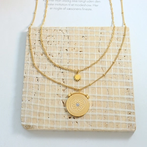 French vintage double layer gold sun and round medallion pendant necklace in titanium steel