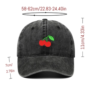 Detailed size chart of washed black cotton baseball cap with red cherry embroidery