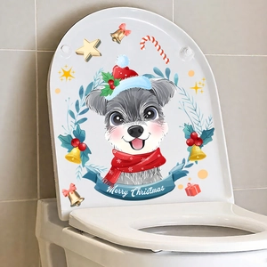 Detail of Christmas toilet sticker featuring a cute Schnauzer in a red hat with Merry Christmas text