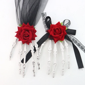 Halloween skeleton hand hair clip with red rose and black mesh for masquerade party