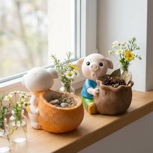 Detail view of pig figurines with knitted texture holding bags as small planters