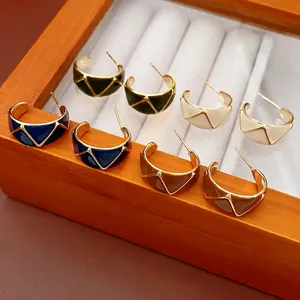 Vintage Geometric Enamel C Shaped Hoop Earrings Copper Gold Plated With Silver Earring Post For Women Elegant Jewelry