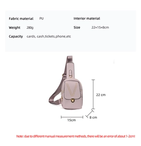 Pink PU chest bag dimensions 22x15x8cm showing capacity and size technical specifications