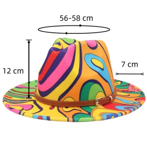 Detailed size specifications for wide brim fedora with colorful abstract psychedelic pattern