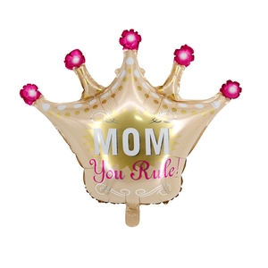 Detail of crown shaped balloon with MOM You Rule print and pink gems for Mother's Day