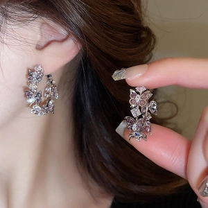 Detail view of a silver butterfly C-shaped earring with purple and clear zircon stones