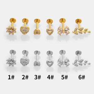 Set of 12 zircon inlaid stainless steel cartilage piercings in gold and silver finishes