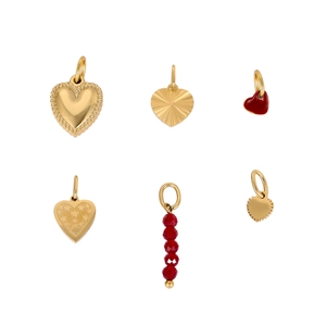 Detailed set of assorted vintage heart pendants in gold finish and red enamel details