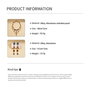 Detailed size chart for vintage pearl rhinestone necklace and drop earring set