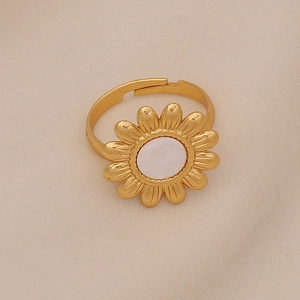 Elegant gold butterfly ring with white pearl shell inlay and adjustable band design