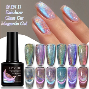 Rainbow glass cat magnetic gel polish showing 12 vibrant reflective glitter shades on nails