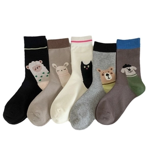 5-pack set of cotton crew socks featuring cute cartoon sheep, cat, and bear patterns