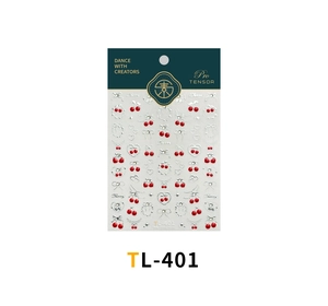Detail view of TL-401 nail stickers with 3D cherry patterns and silver bow accents