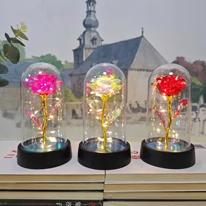 Galaxy Rose In Dome With LED Light String Gold Foil Artificial Flower Romantic Valentine Gift Home Decor Ornament