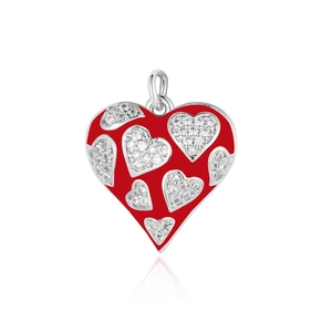 Macro view of a red heart pendant featuring silver metal frames and sparkling zircon stones
