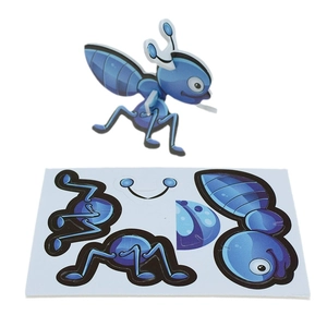 Detail showing blue 3D cartoon ant puzzle with assembly parts and finished insect model