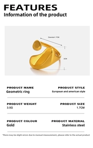 Macro view of gold stainless steel geometric ring with product dimensions and weights