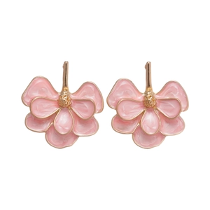 Elegant pink enamel ginkgo leaf double-layered flower earrings with golden metal edges