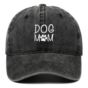 Vintage washed charcoal cotton baseball cap with DOG MOM embroidery and heart paw print