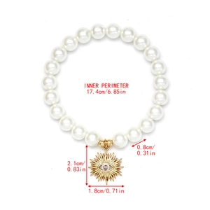 Detailed view of evil eye pearl bracelet with size measurements of 17.4cm inner perimeter