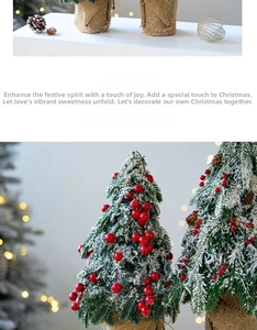 Close-up of artificial mini Christmas tree with red berries and burlap wrapped base