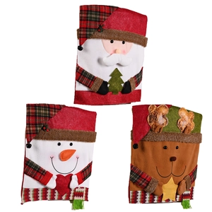 Three Christmas chair covers featuring Santa, snowman, and reindeer in festive red plaid